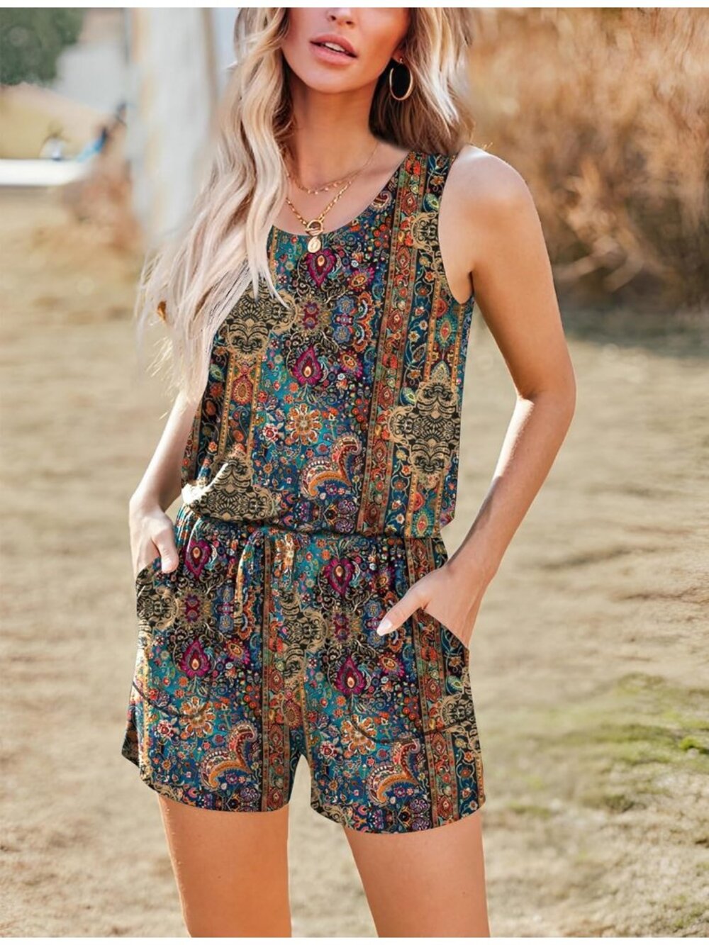 Women's Pattern 7 Summer Sleeveless Scoop Neck Tank Top Casual Short Romper - Picture 2 of 6